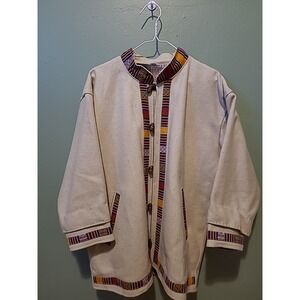 Vintage Handmade In Nepal 100% Wool Beige Coat With‎ Colorful Detail WomensLarge